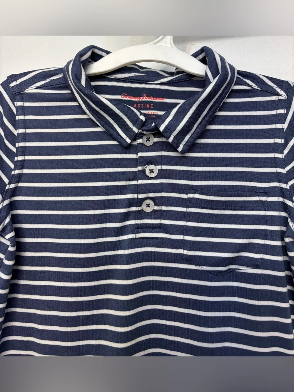 Tommy Bahama Active White & Blue Striped Short Sleeve Polo Boys Size Small 5/6